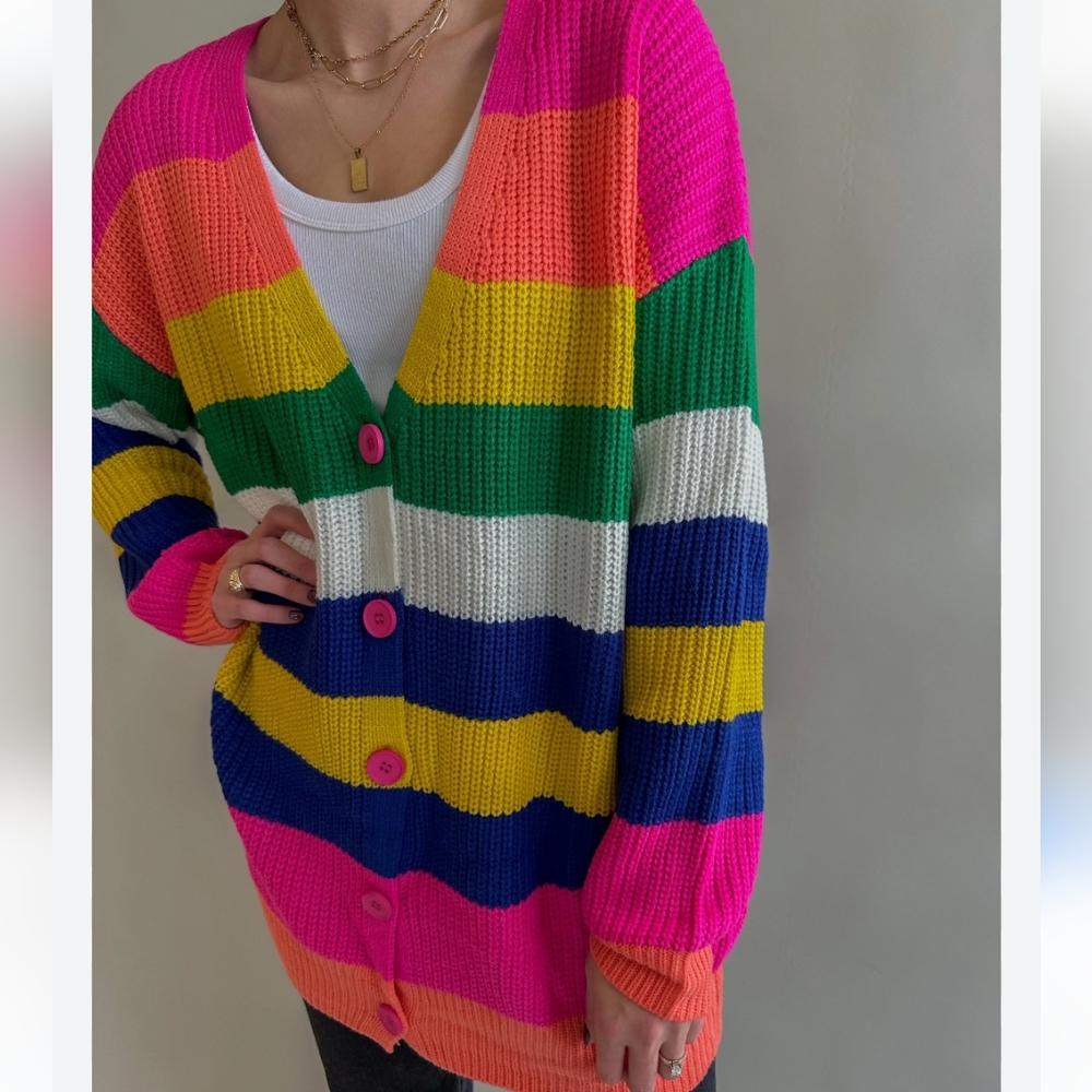 BIBI Fuschsia Multi Stripped Cardigan (xl)NWT - Picture 2 of 10